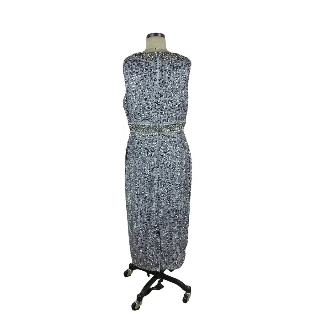 MAC DUGGAL 10739 Steel Gray Blue Embellished Sleeveless High Neck Midi Size 10 - Picture 2 of 10